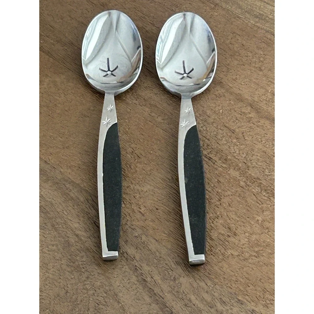 Vintage Mar-Crest Ebony 2 Teaspoons MCFMCF3 Stainless Atomic‎ Starburst Japan